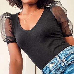 SOLD- Lulus Queen of Drama Black Organza Puff Sleeve Bodysuit